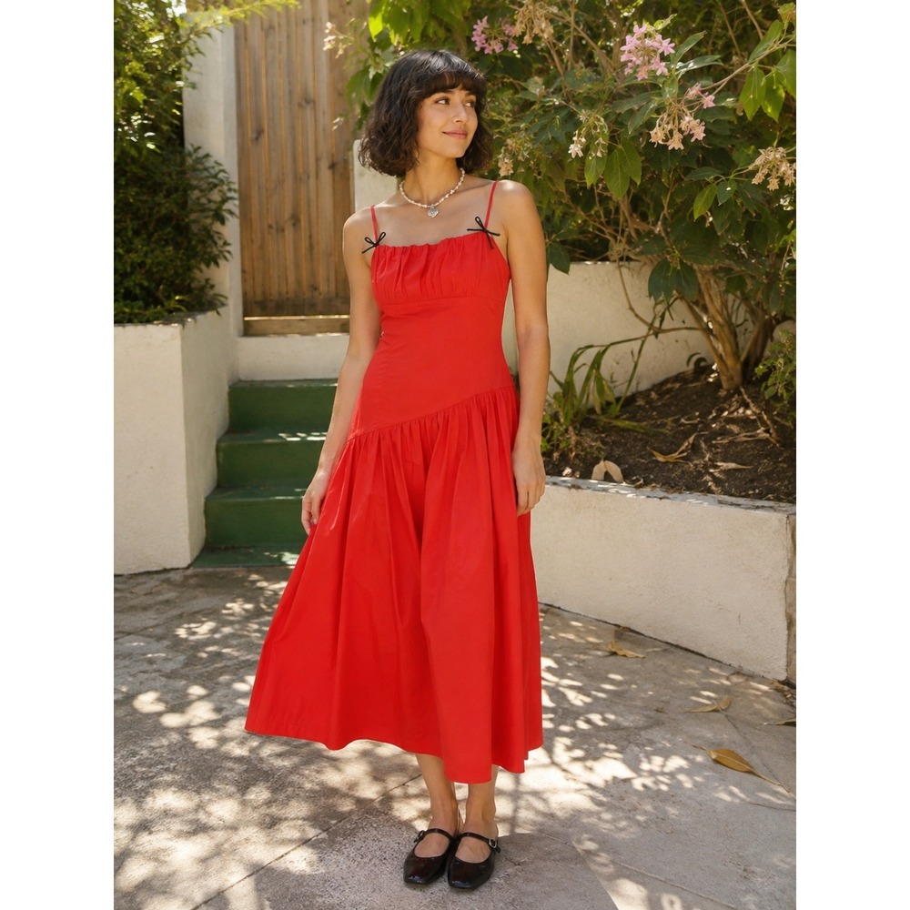 Lisa Says Gah Vibrant Red Midi Bow Strap Dress